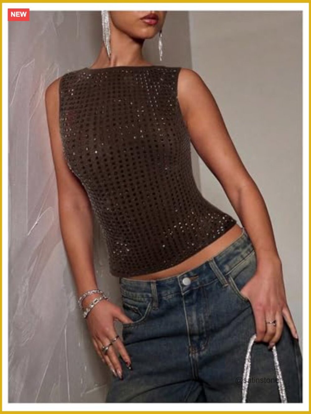 Sparkly Rhinestone Sleeveless Rave Tank Top Concert Outfit - Picture 4 of 5